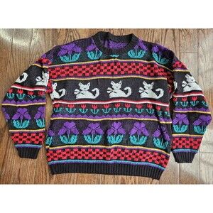 Vintage Rose Cat Kitten Knit Sweater Colorful Flowers 80's Size 41